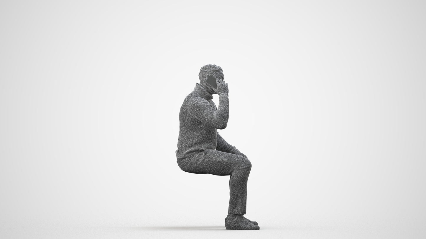 3D human model man casual sitting, photogrammetry scanned person for archviz, wireframe side view