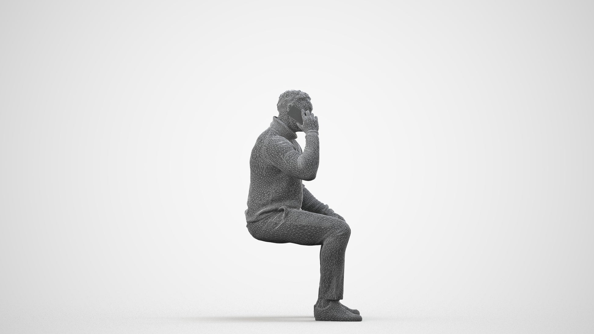 3D human model man casual sitting, photogrammetry scanned person for archviz, wireframe side view