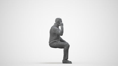 3D human model man casual sitting, photogrammetry scanned person for archviz, wireframe side view