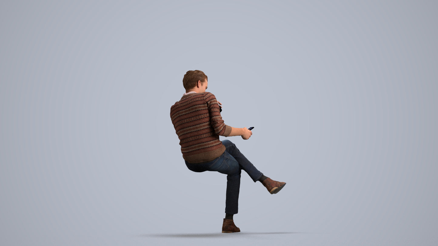 photogrammetry 3D man casual sitting, realistic human model archviz FBX, front view render