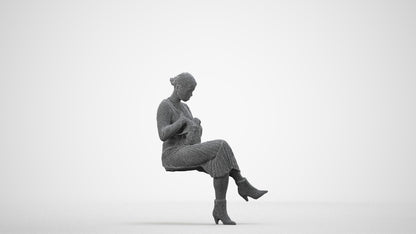 3D scanned woman sitting casual, photorealistic archviz people for Enscape and SketchUp, wireframe side view