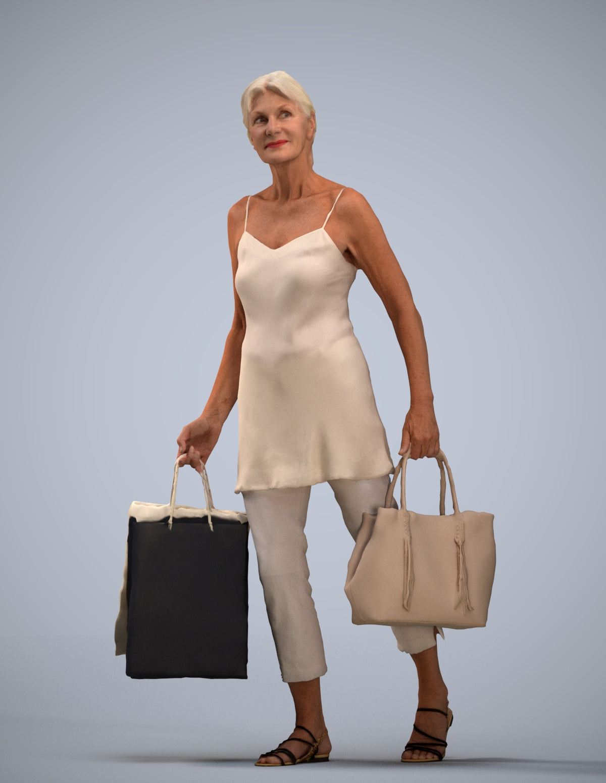 3D human model senior woman casual shopping, photogrammetry scanned person for archviz