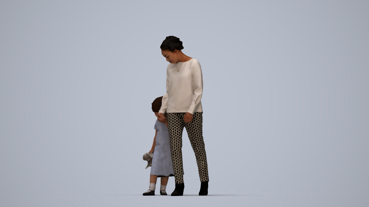 realistic 3D girl casual kids, scanned archviz people for Blender and 3ds Max, top-down view render