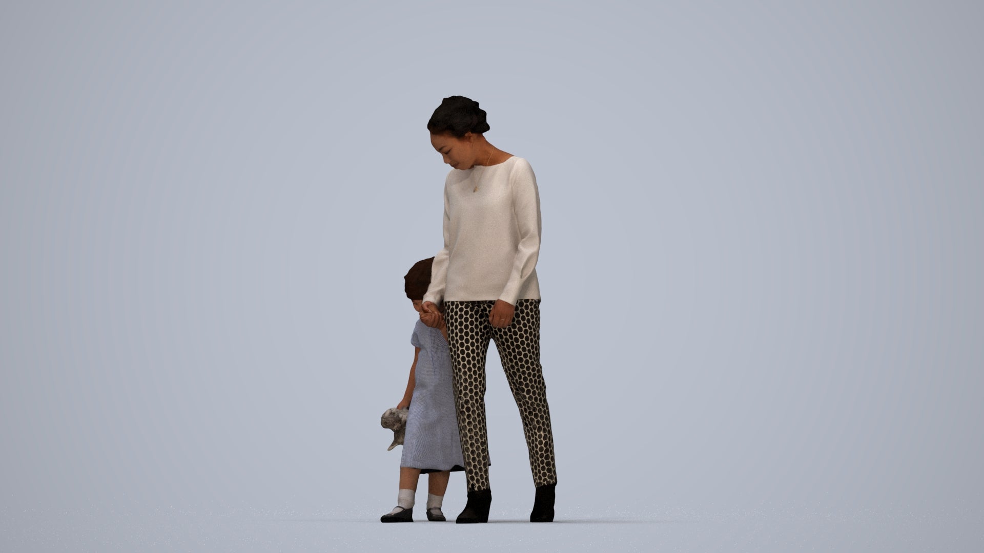 realistic 3D girl casual kids, scanned archviz people for Blender and 3ds Max, top-down view render