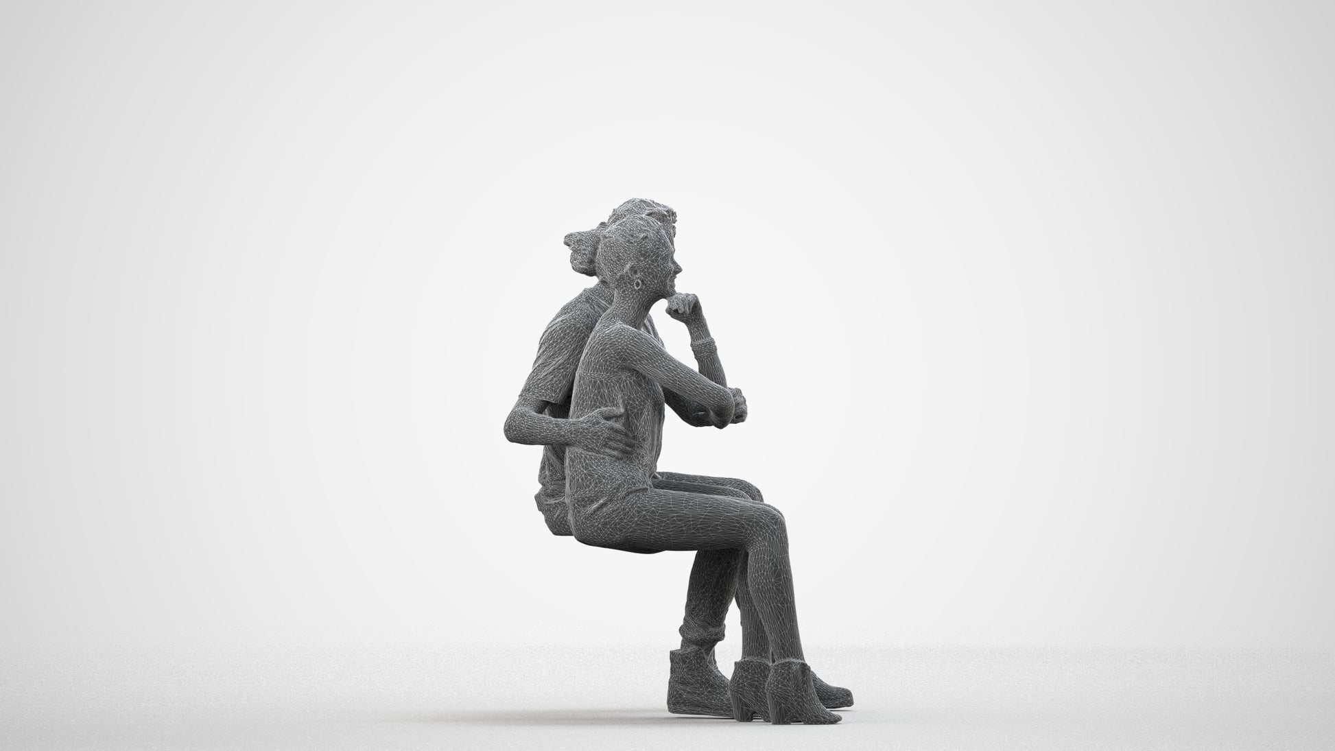 3D human model woman casual couple, photogrammetry scanned person for archviz, wireframe side view