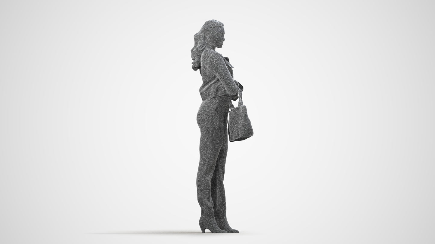 realistic 3D human woman business standing, archviz people FBX OBJ for Blender, wireframe side view