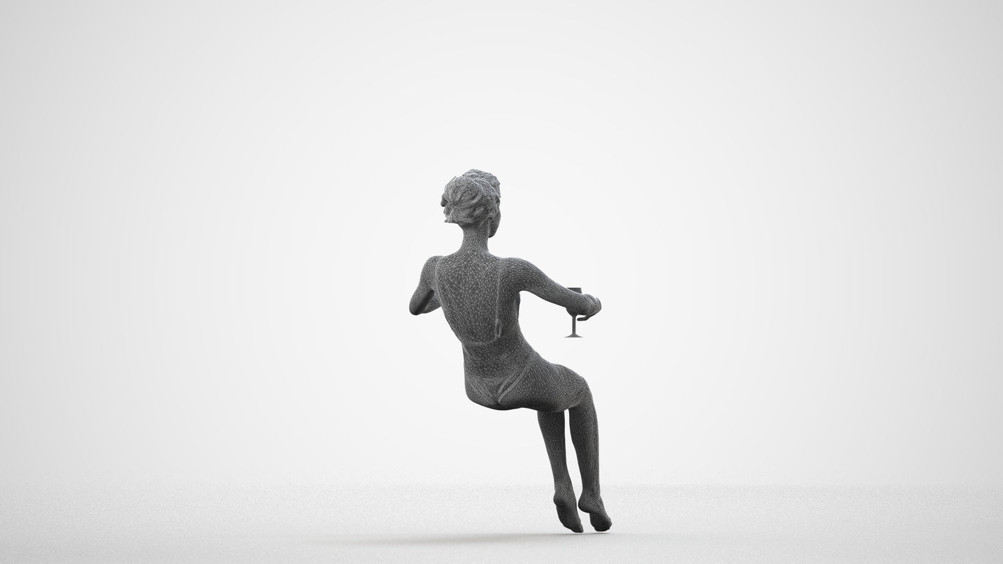 3D human model woman pool, photogrammetry scanned person for archviz, wireframe side view
