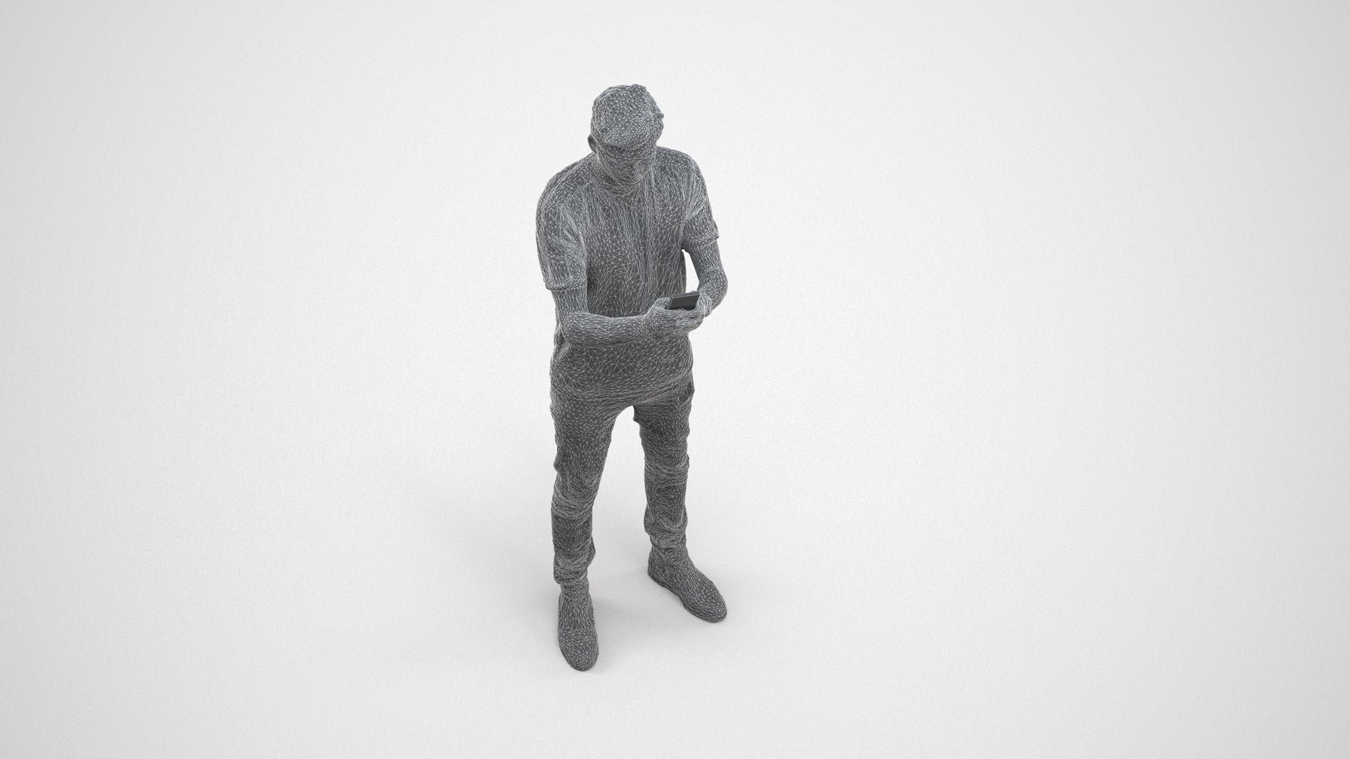 scanned 3D man casual standing, photogrammetry people for Enscape and V-Ray, wireframe three-quarter view
