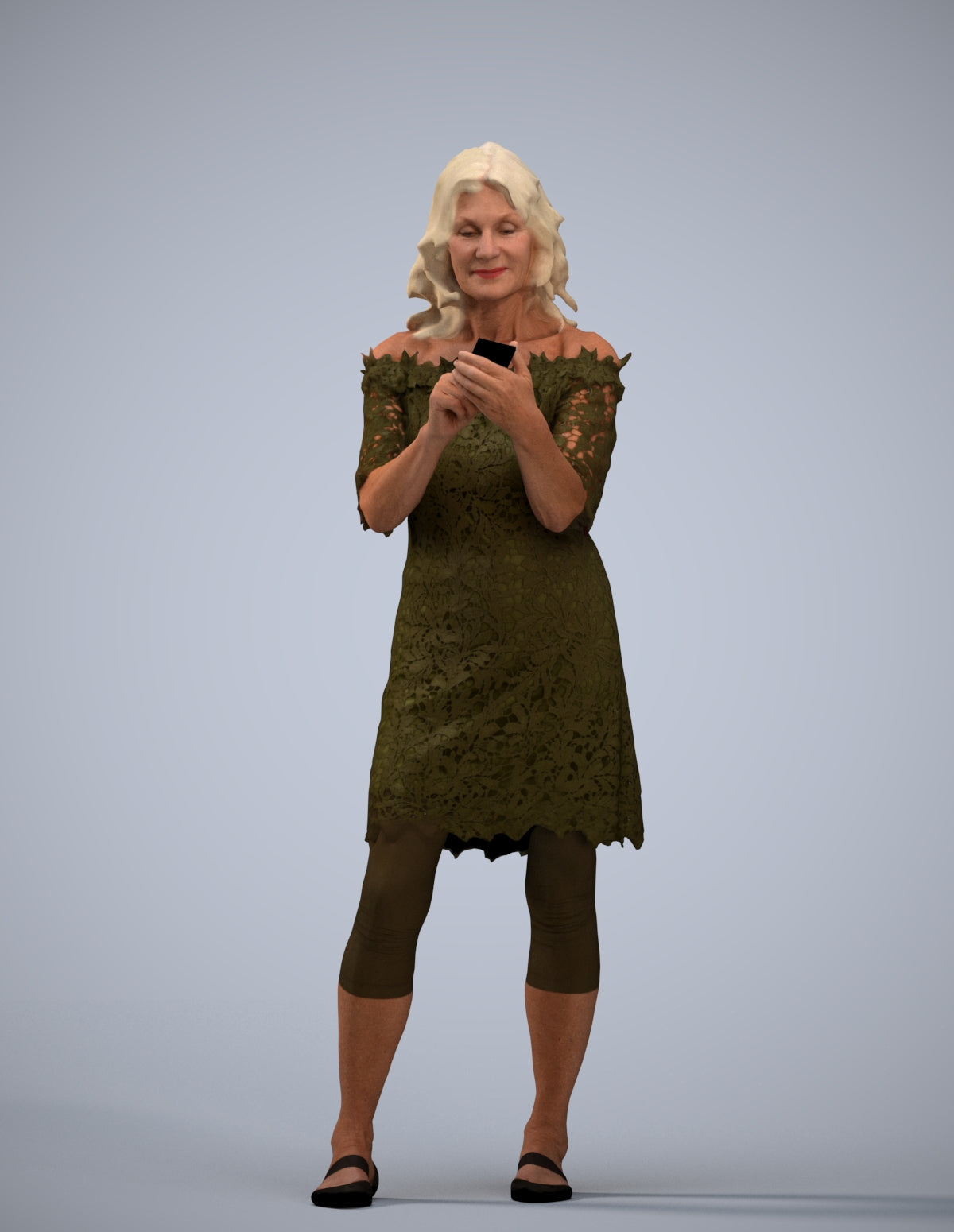 realistic 3D senior woman casual standing, scanned archviz people for Blender and 3ds Max