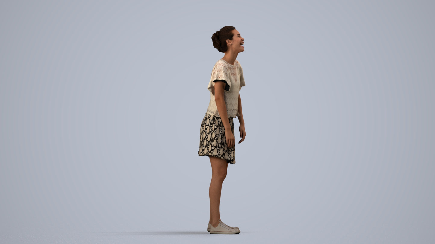 3D scanned woman standing casual, photorealistic archviz people for Enscape and SketchUp, side view render