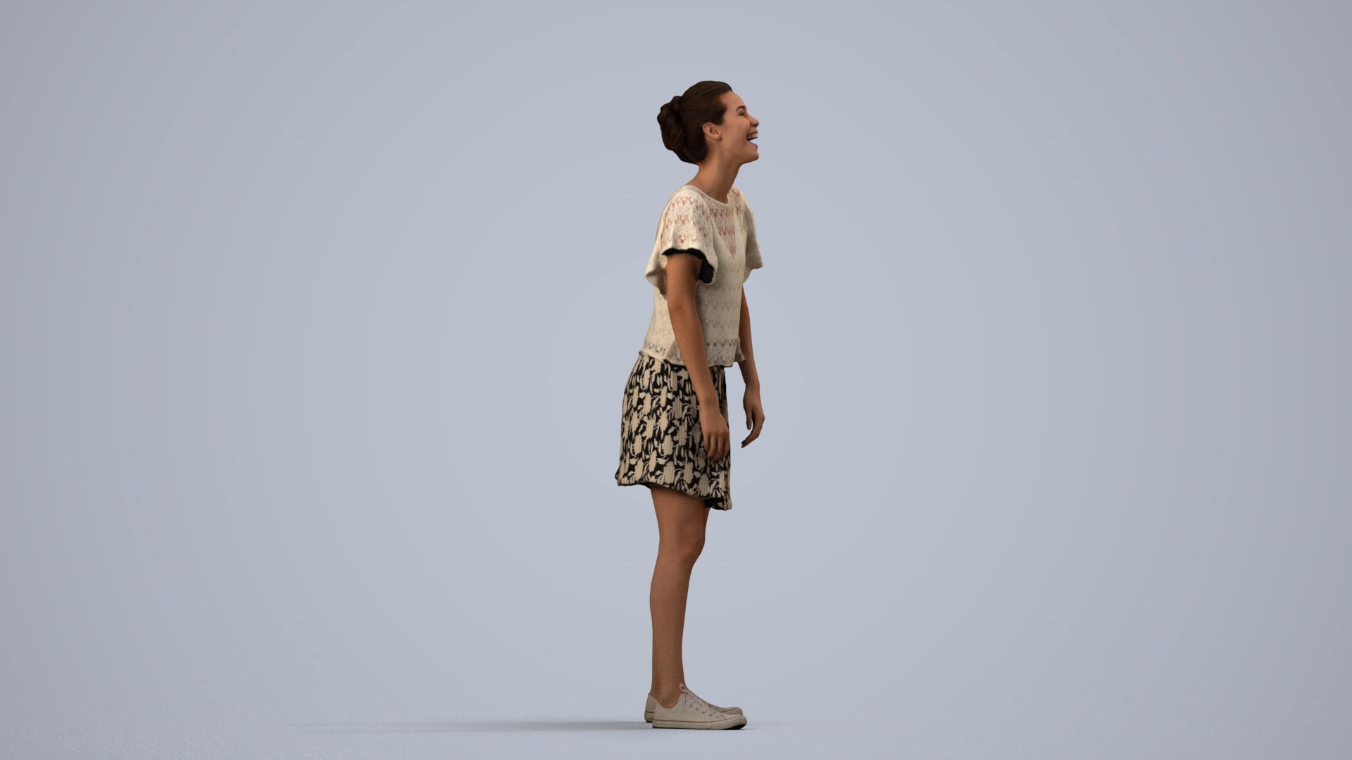 3D scanned woman standing casual, photorealistic archviz people for Enscape and SketchUp, side view render