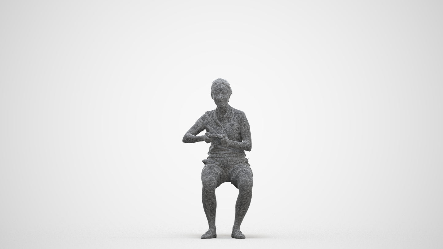 3D scanned woman sitting casual, photorealistic archviz people for Enscape and SketchUp, three-quarter front view render