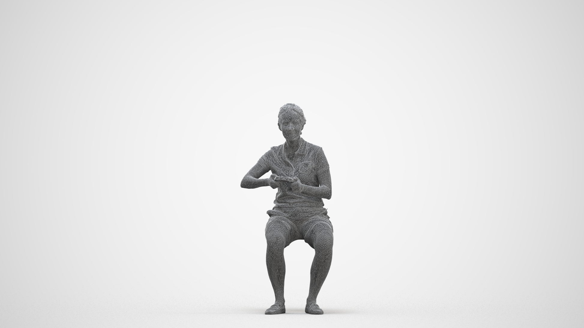 3D scanned woman sitting casual, photorealistic archviz people for Enscape and SketchUp, three-quarter front view render