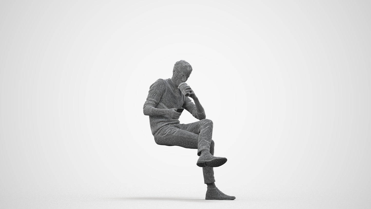 photogrammetry 3D man casual sitting, realistic human model archviz FBX, wireframe side view