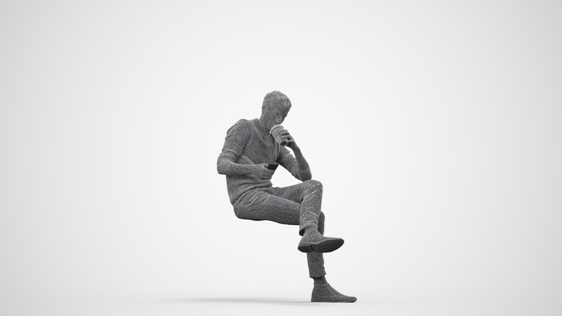 photogrammetry 3D man casual sitting, realistic human model archviz FBX, wireframe side view