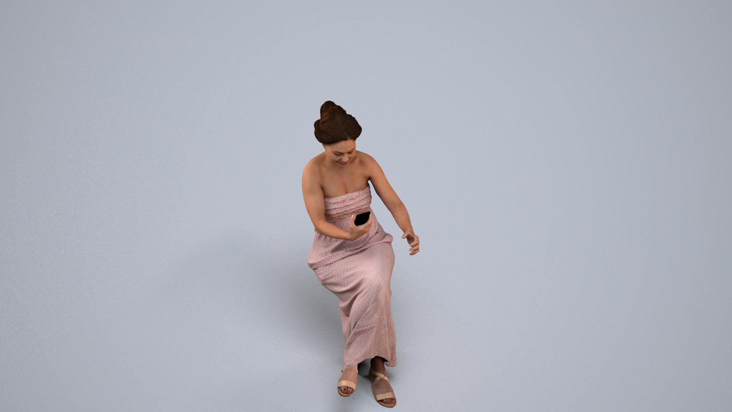 realistic 3D human woman casual sitting, archviz people FBX OBJ for Blender, back view render