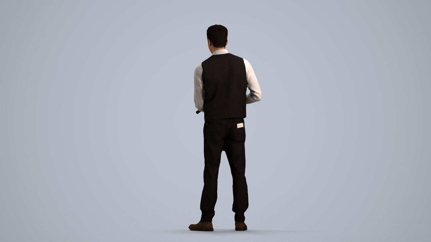 3D human model man hospitality, photogrammetry scanned person for archviz, front view render