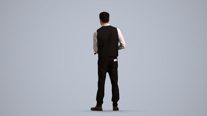 3D human model man hospitality, photogrammetry scanned person for archviz, front view render