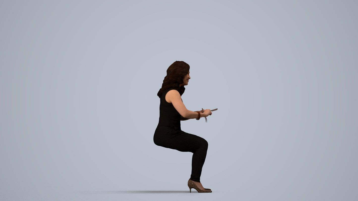 3D human model woman casual sitting, photogrammetry scanned person for archviz, side view render