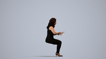 3D human model woman casual sitting, photogrammetry scanned person for archviz, side view render