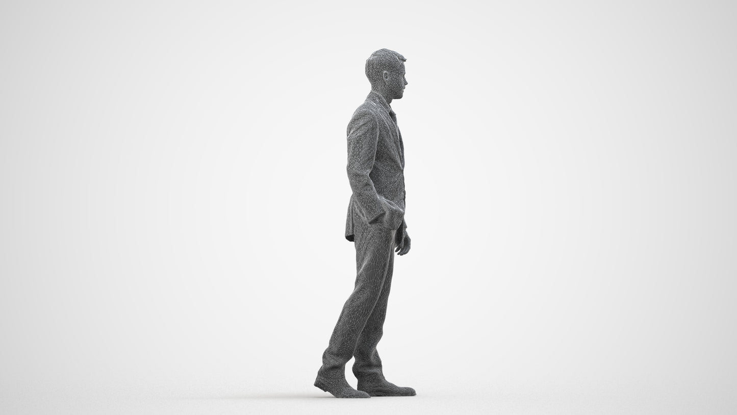 3D human model man business standing, photogrammetry scanned person for archviz, wireframe side view