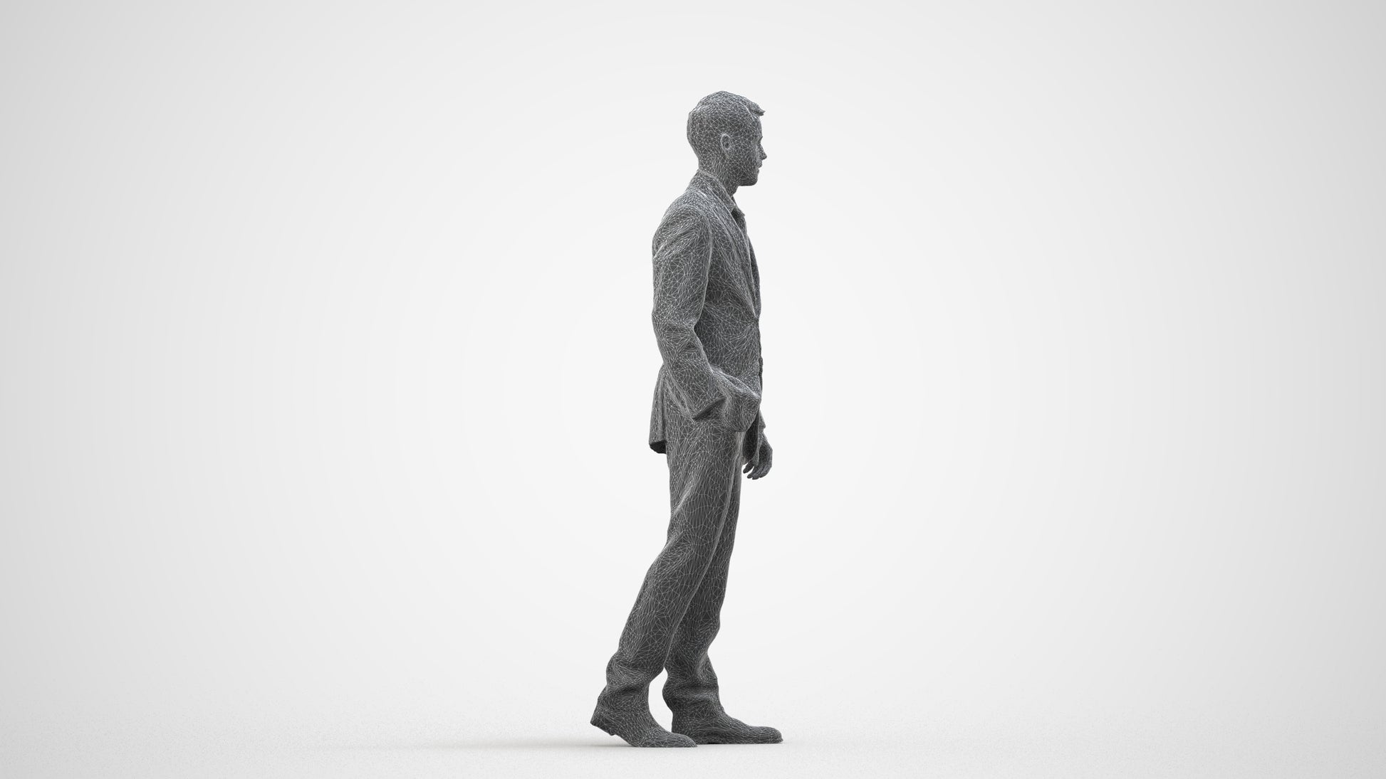 3D human model man business standing, photogrammetry scanned person for archviz, wireframe side view