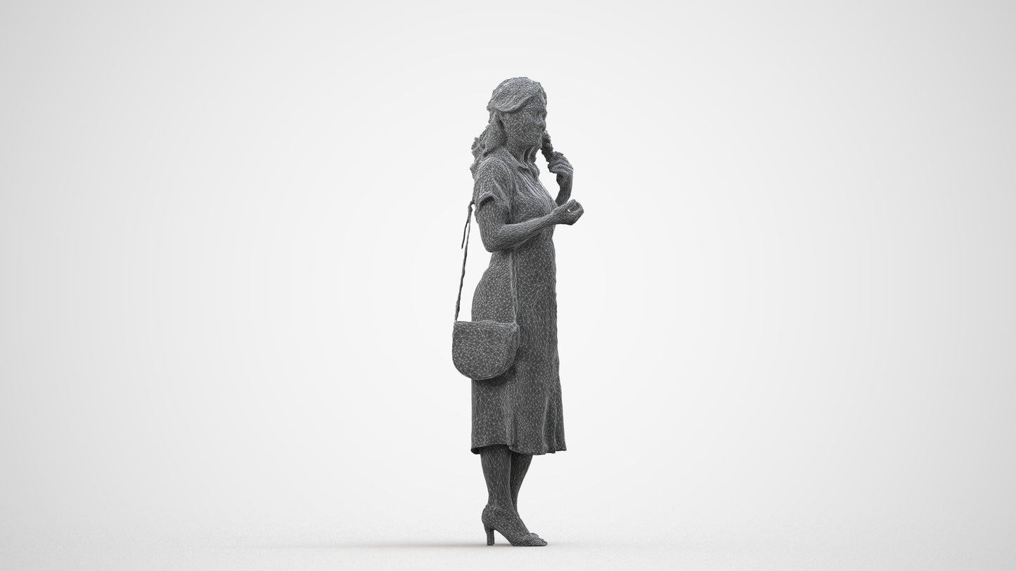 3D human model woman casual standing, photogrammetry scanned person for archviz, wireframe side view