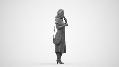3D human model woman casual standing, photogrammetry scanned person for archviz, wireframe side view