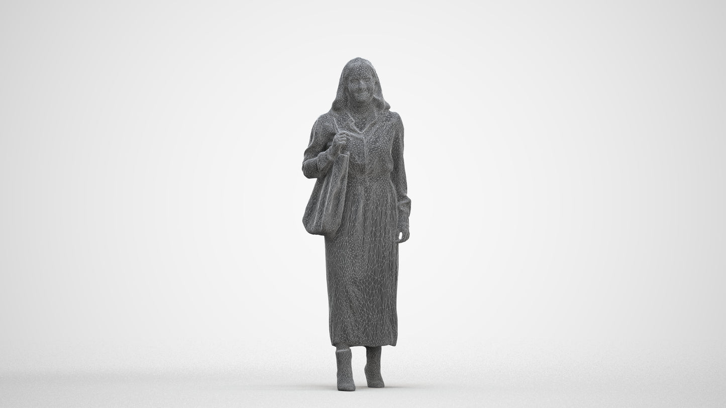 3D human model woman casual walking, photogrammetry scanned person for archviz, three-quarter front view render