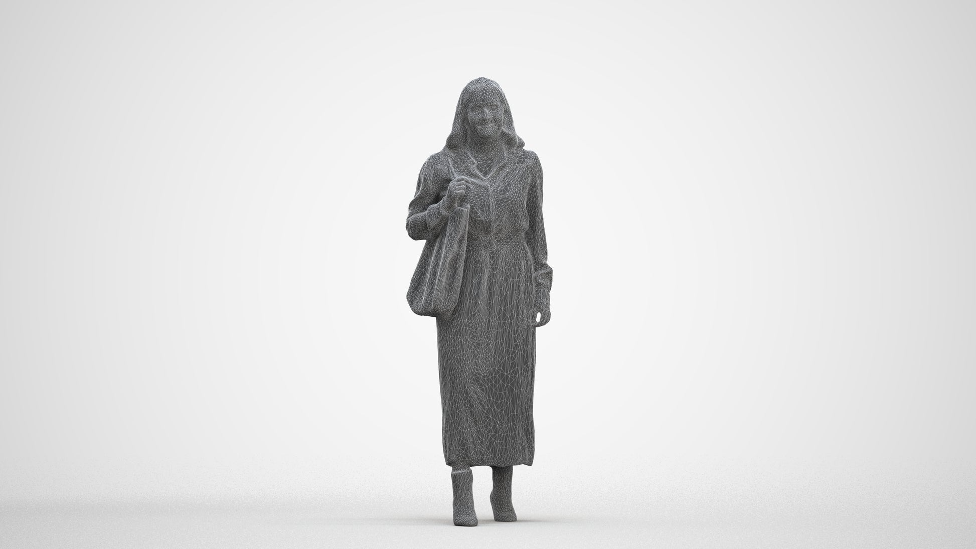 3D human model woman casual walking, photogrammetry scanned person for archviz, three-quarter front view render