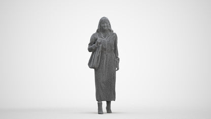 3D human model woman casual walking, photogrammetry scanned person for archviz, three-quarter front view render