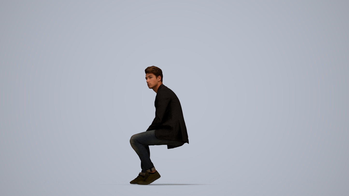 3D people model man casual sitting, scanned human for 3ds Max rendering, top-down view render