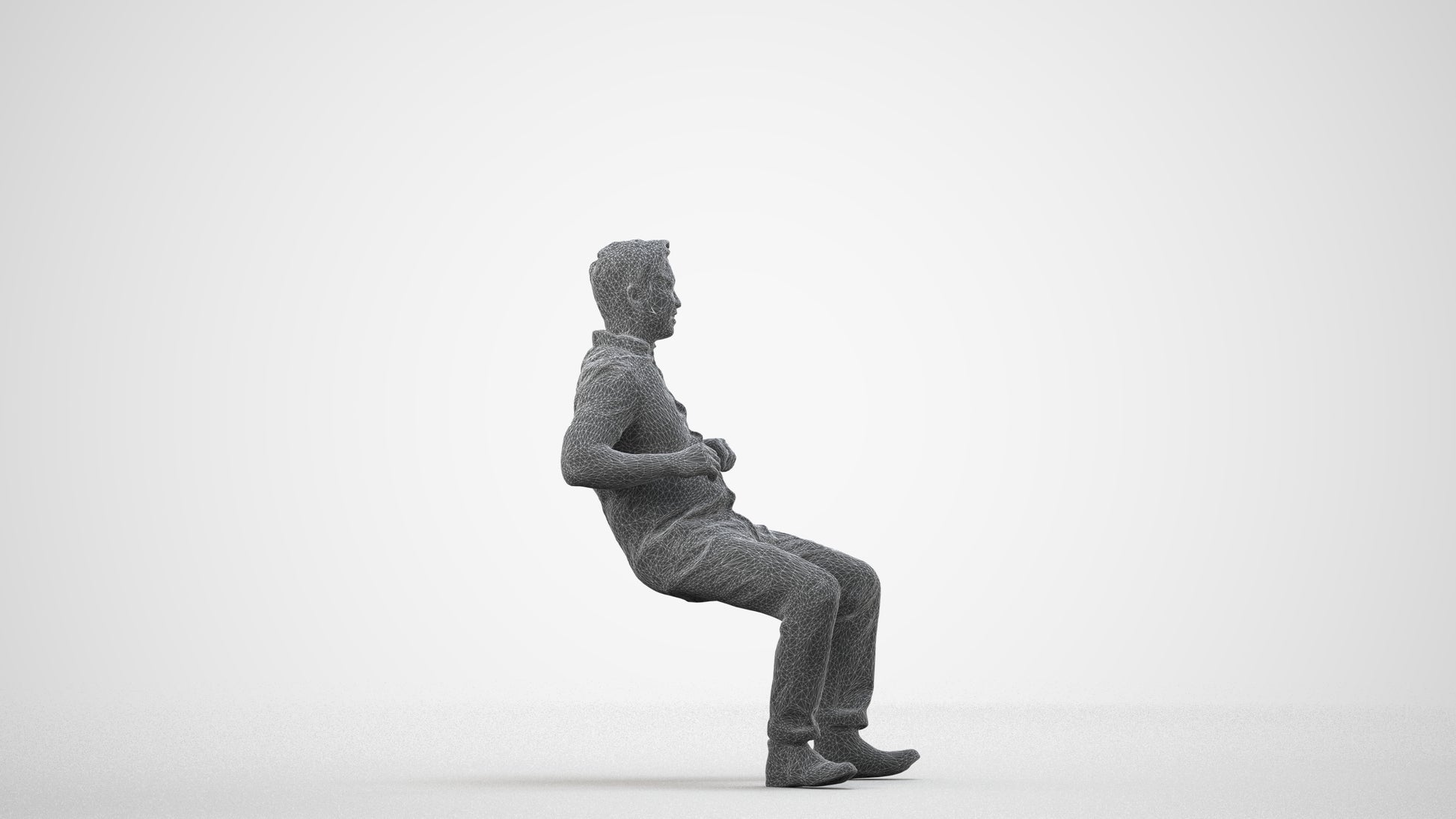 realistic 3D man casual sitting, scanned archviz people for Blender and 3ds Max, wireframe side view