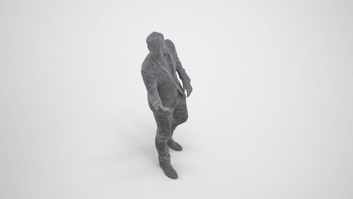 realistic 3D human man business, archviz people FBX OBJ for Blender, wireframe three-quarter view