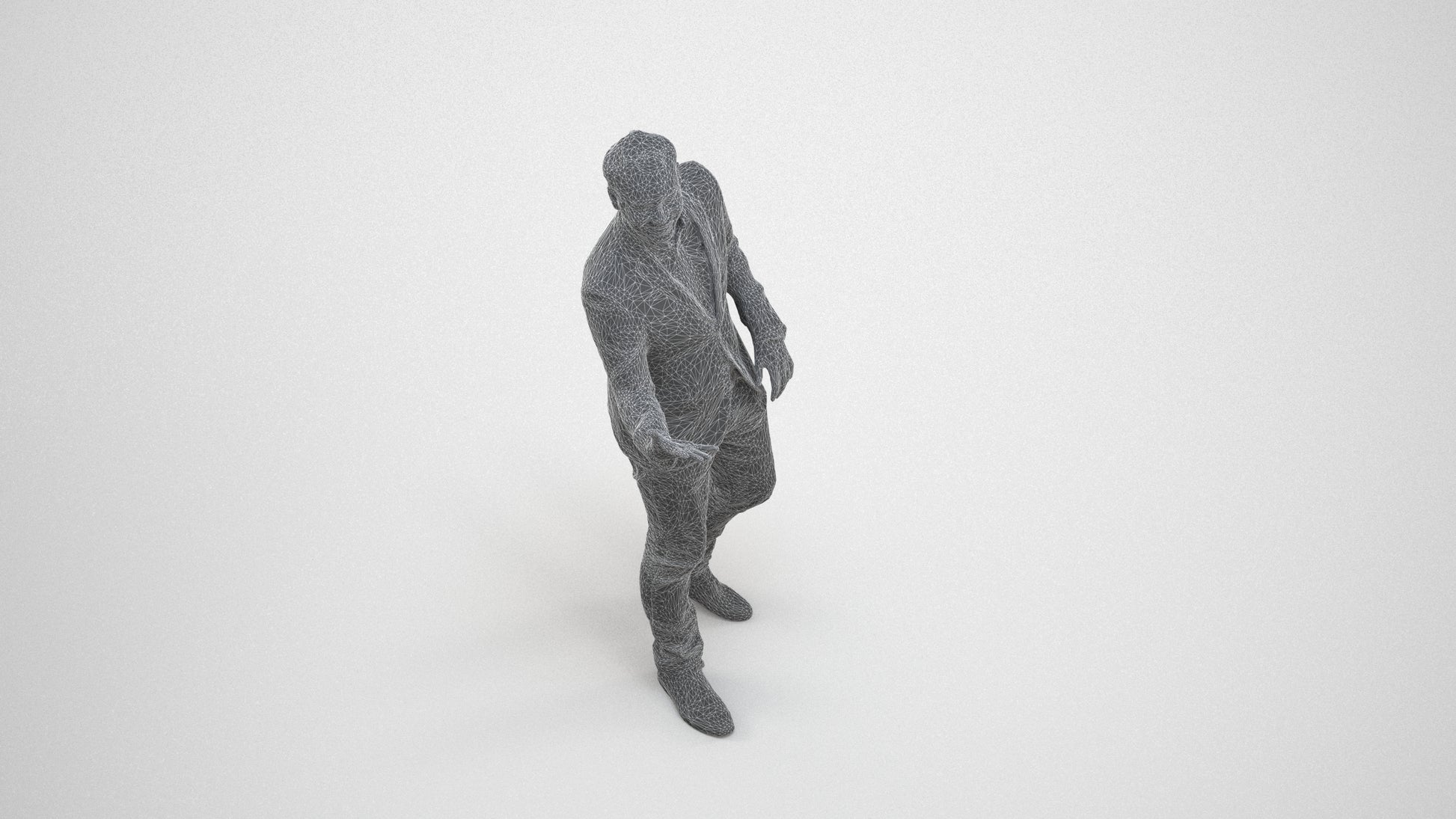 realistic 3D human man business, archviz people FBX OBJ for Blender, wireframe three-quarter view