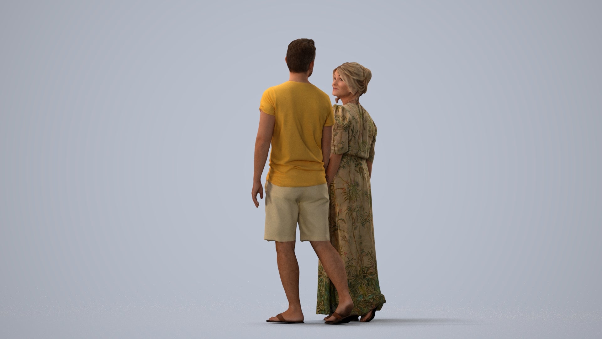 3D human model woman couple, photogrammetry scanned person for archviz, three-quarter view render