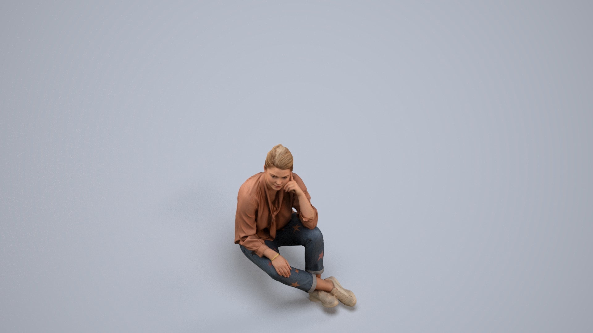 3D human model woman casual sitting, photogrammetry scanned person for archviz, back view render