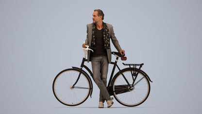 3D human model man business cycling, photogrammetry scanned person for archviz, top-down view render