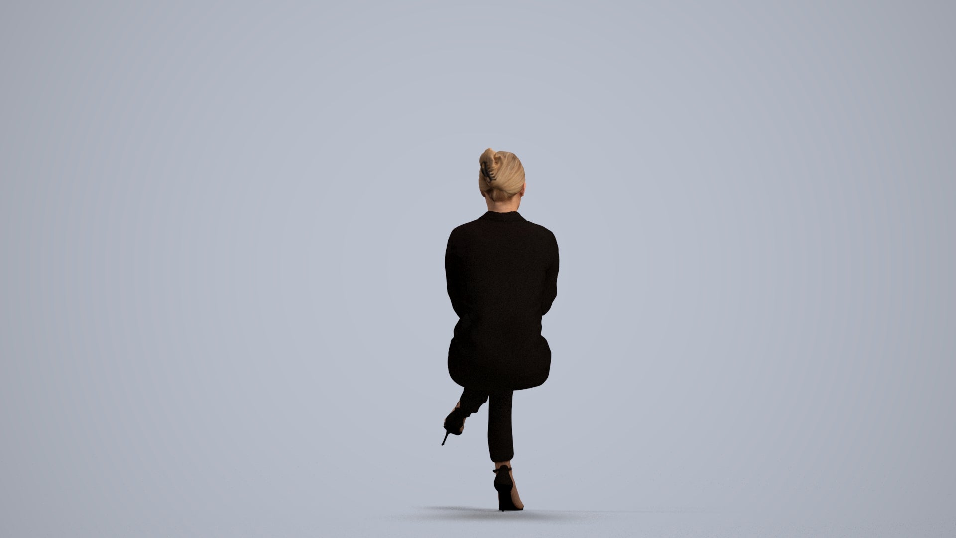 3D human model woman business sitting, photogrammetry scanned person for archviz, front view render