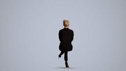 3D human model woman business sitting, photogrammetry scanned person for archviz, front view render