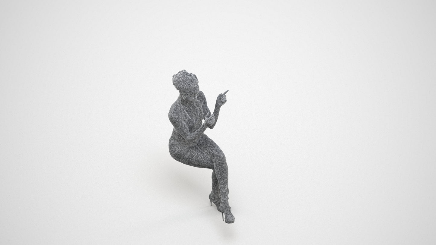 3D scanned woman sitting casual, photorealistic archviz people for Enscape and SketchUp, wireframe three-quarter view