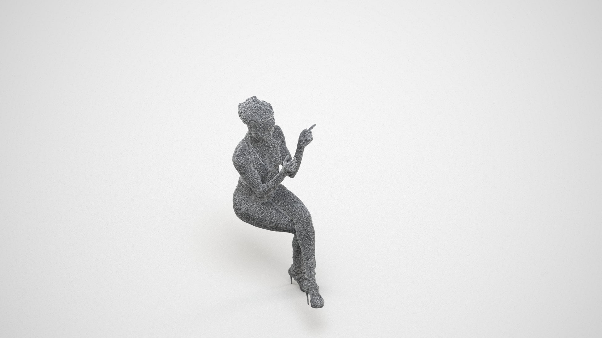 3D scanned woman sitting casual, photorealistic archviz people for Enscape and SketchUp, wireframe three-quarter view