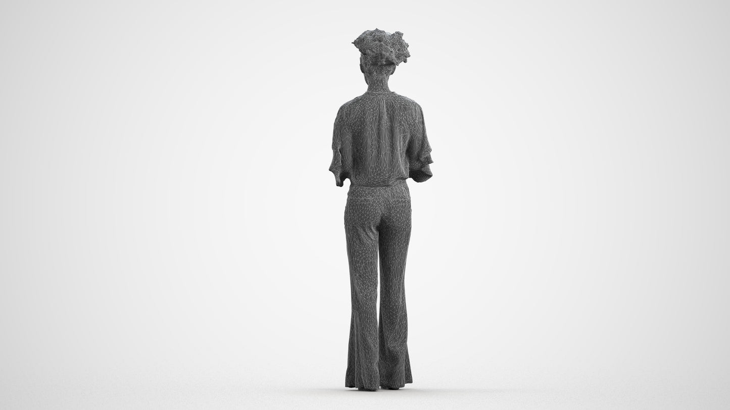3D human model woman casual standing, photogrammetry scanned person for archviz, wireframe front view