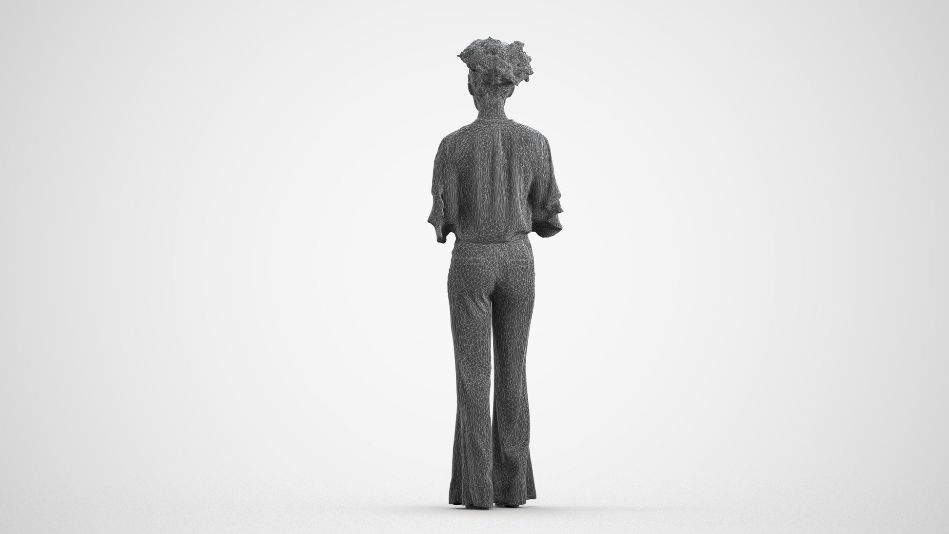 3D human model woman casual standing, photogrammetry scanned person for archviz, wireframe front view