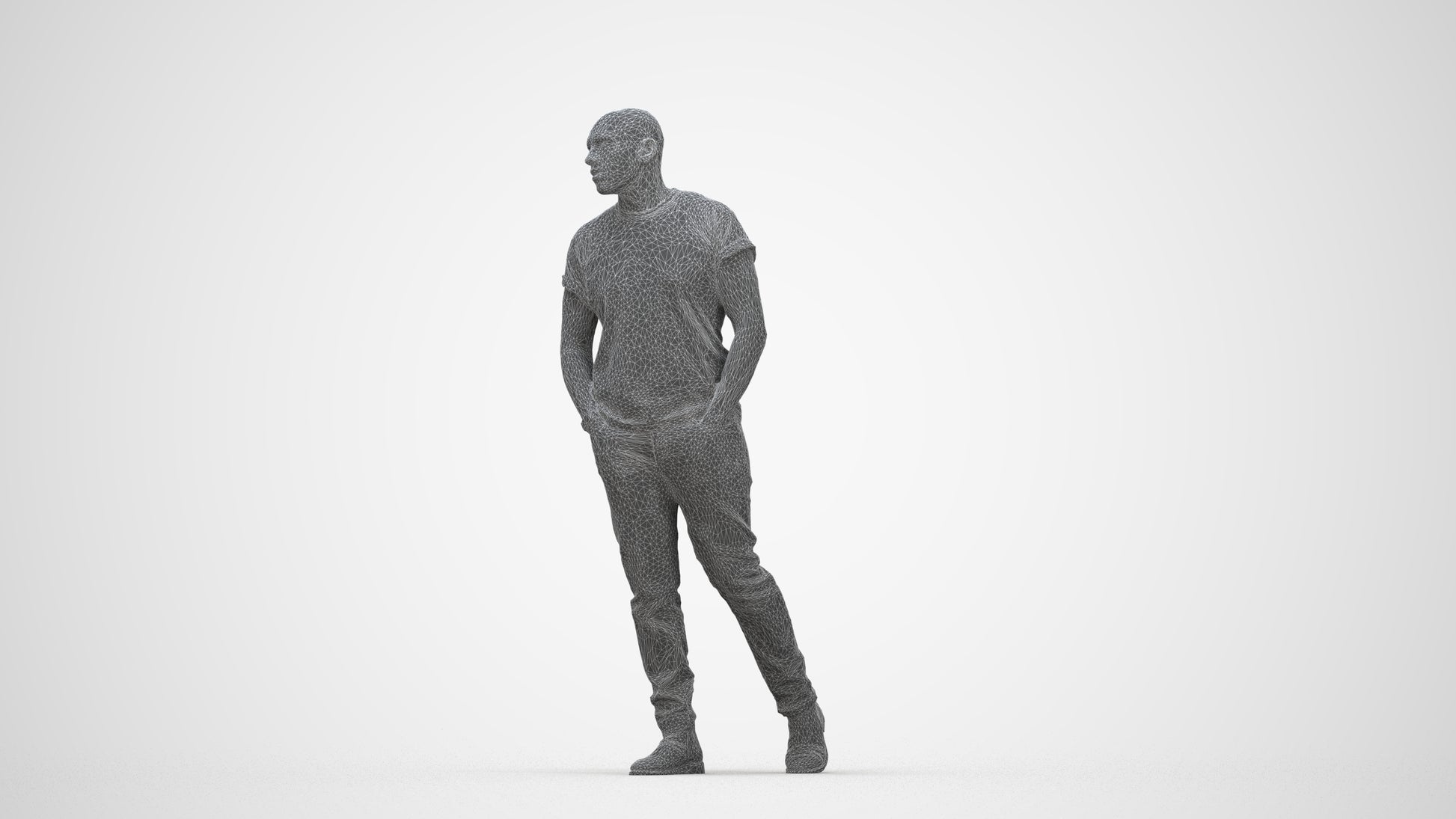 3D scanned man walking casual, photorealistic archviz people for Enscape and SketchUp, wireframe back view