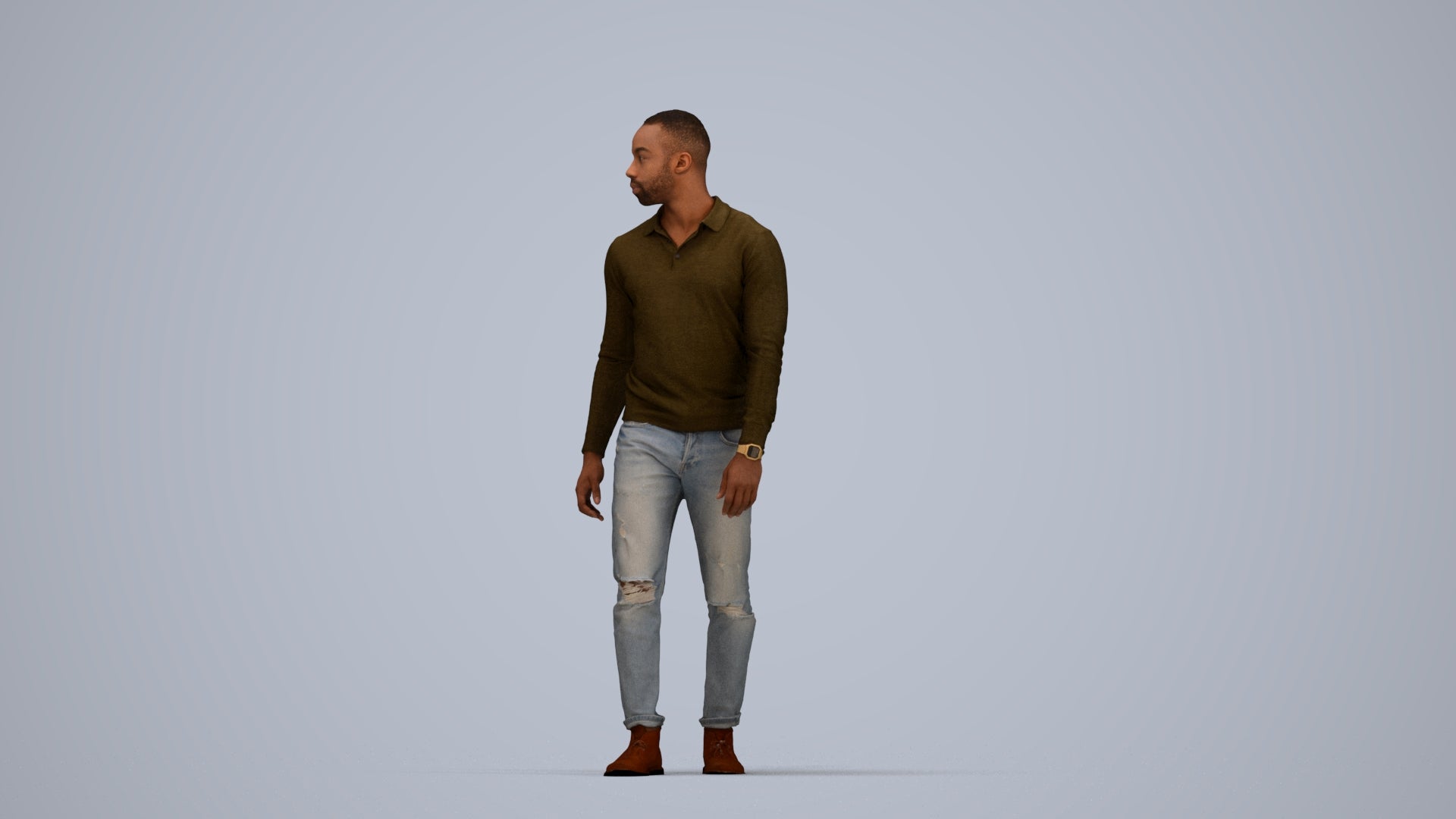 photogrammetry 3D man casual walking, realistic human model archviz FBX, top-down view render