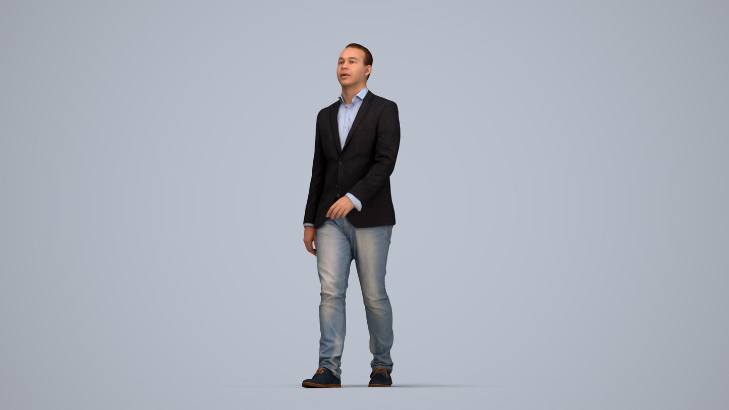 3D human model man business walking, photogrammetry scanned person for archviz, top-down view render