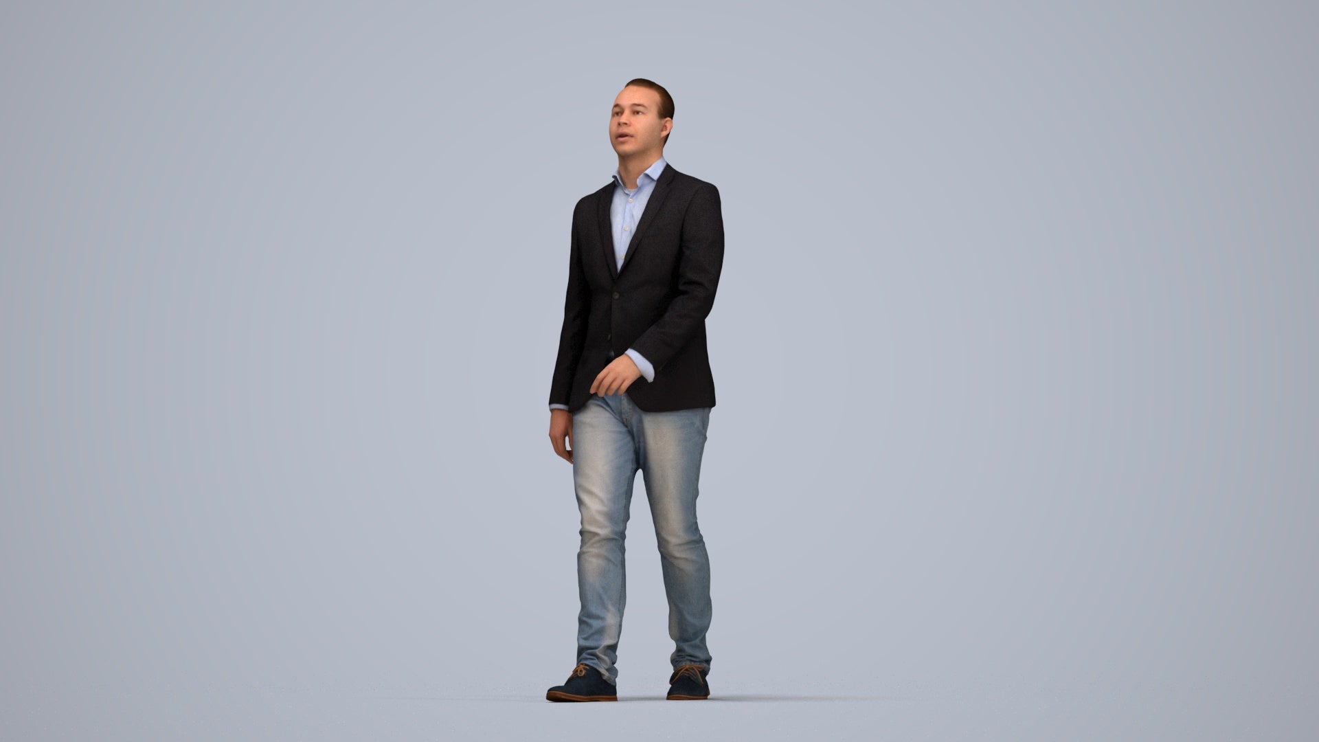 3D human model man business walking, photogrammetry scanned person for archviz, top-down view render