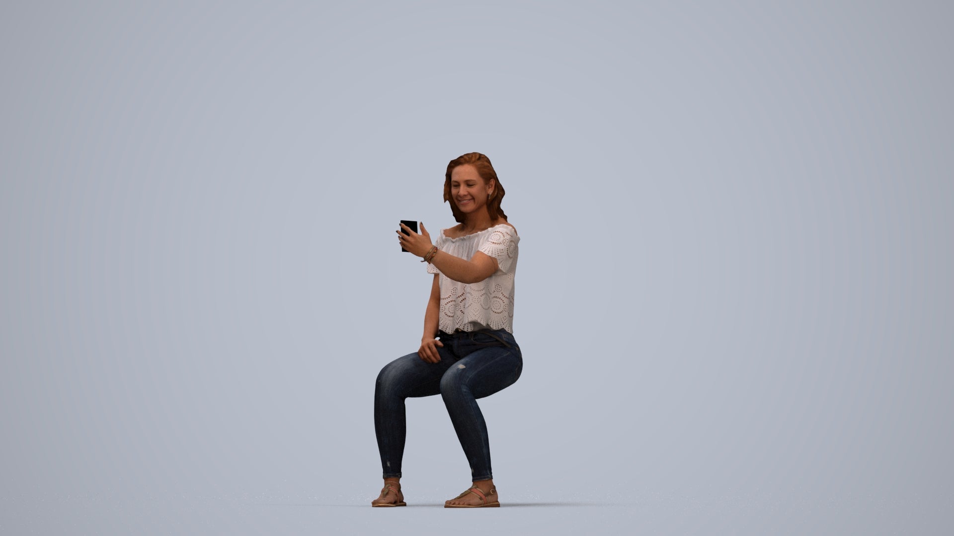 realistic 3D human woman casual sitting, archviz people FBX OBJ for Blender, top-down view render