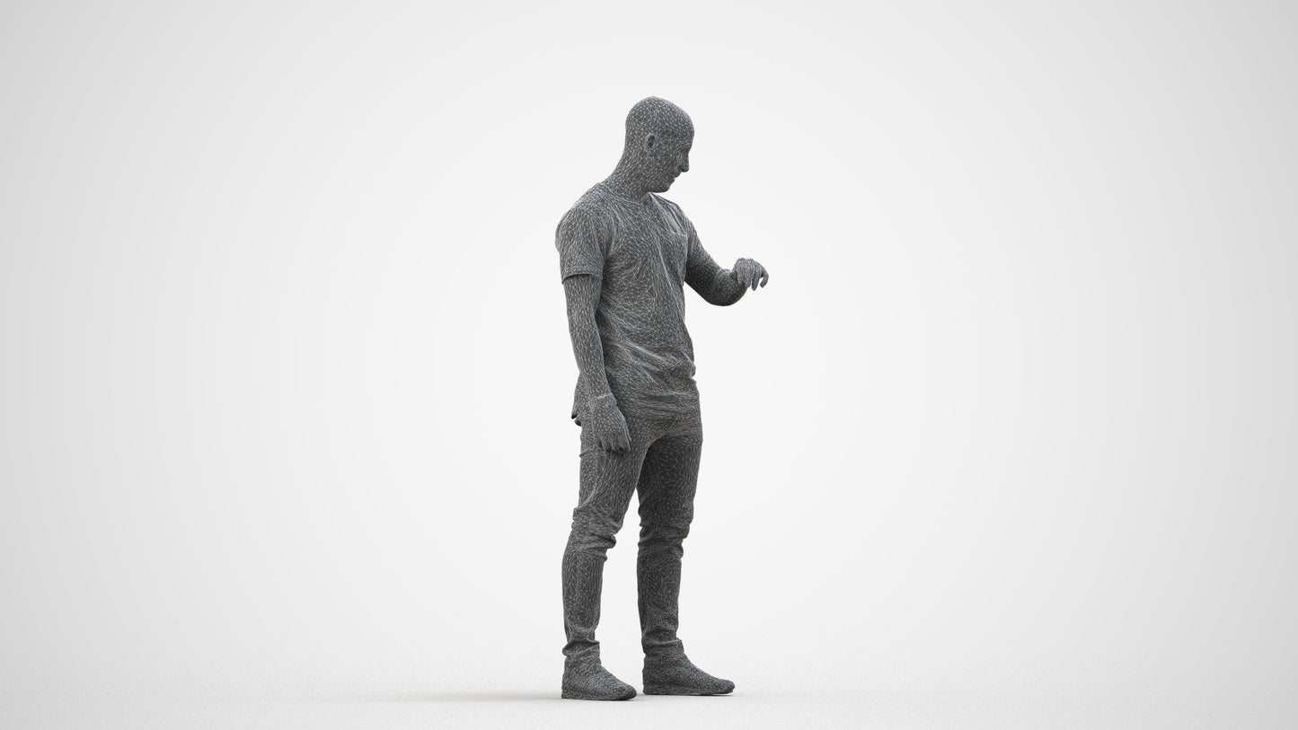3D people model man casual standing, scanned human for 3ds Max rendering, wireframe side view